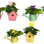 PASTEL WATERING CAN & BIRDHOUSE METAL ASST.  WITH 4" PLANT & PICK